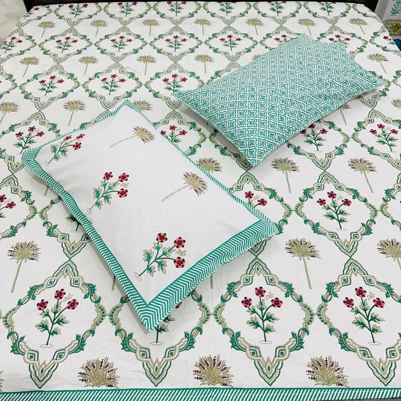 Paramphera Collection Premium 100% Cotton King Size Bedsheet with 2 Pillow Covers | White & Green Floral Jaipuri Print | Soft, Breathable & Skin-Friendly | 108 x 108 Inches
