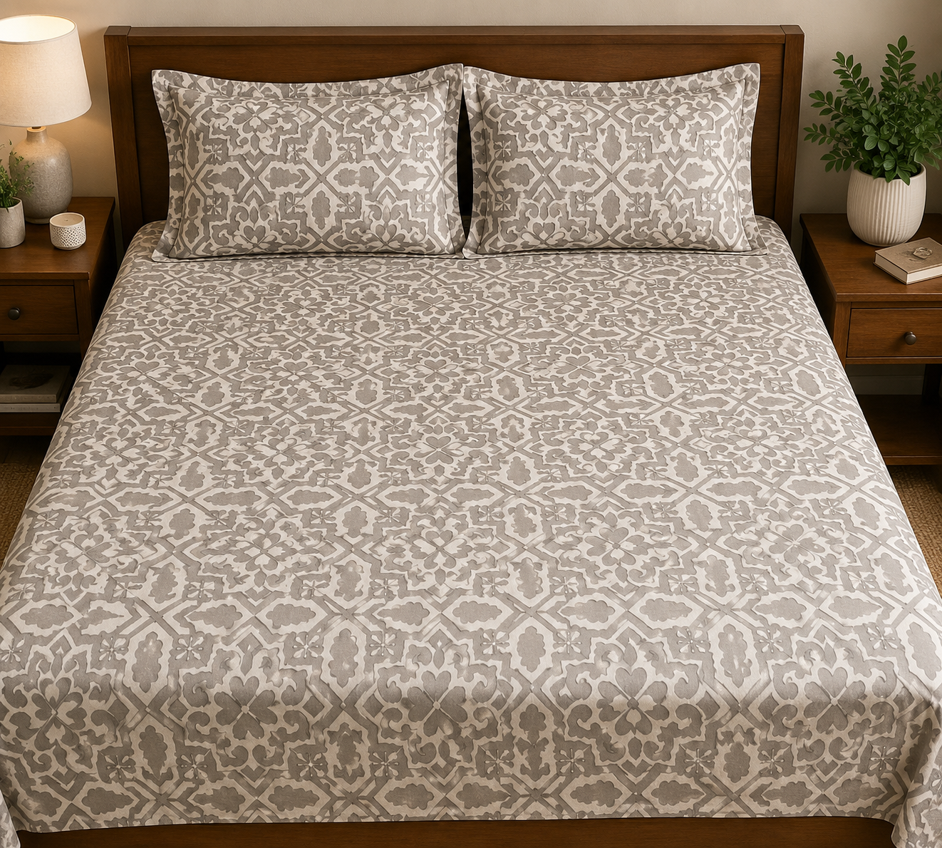 Paramphera Collection Premium 100% Cotton King Size Bedsheet with 2 Pillow Covers | Beige Heritage Geometric Print | Soft, Breathable & Skin Friendly | 100 x 108 Inches