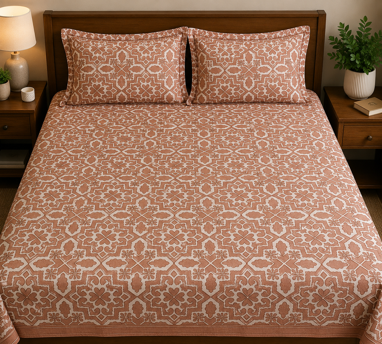 Paramphera Collection Premium 100% Cotton King Size Bedsheet with 2 Pillow Covers | Terracotta Geometric Floral Print | Soft, Breathable & Skin Friendly | 100 x 108 Inches