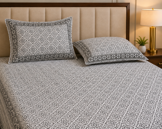 Paramphera Studio Black & White Geometric Cotton King Size Bedsheet with 2 Pillow Covers | 280 TC | 100 x 108 Inches