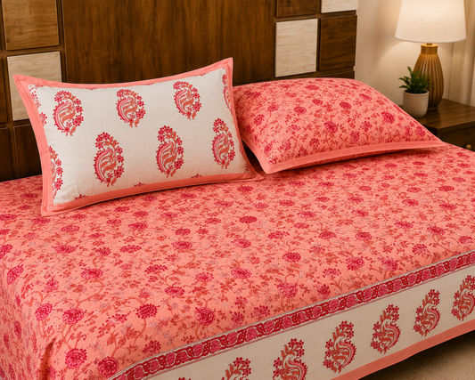 Paramphera Studio Pink Floral Paisley Cotton King Size Bedsheet with 2 Pillow Covers | 280 TC | 100 x 108 Inches