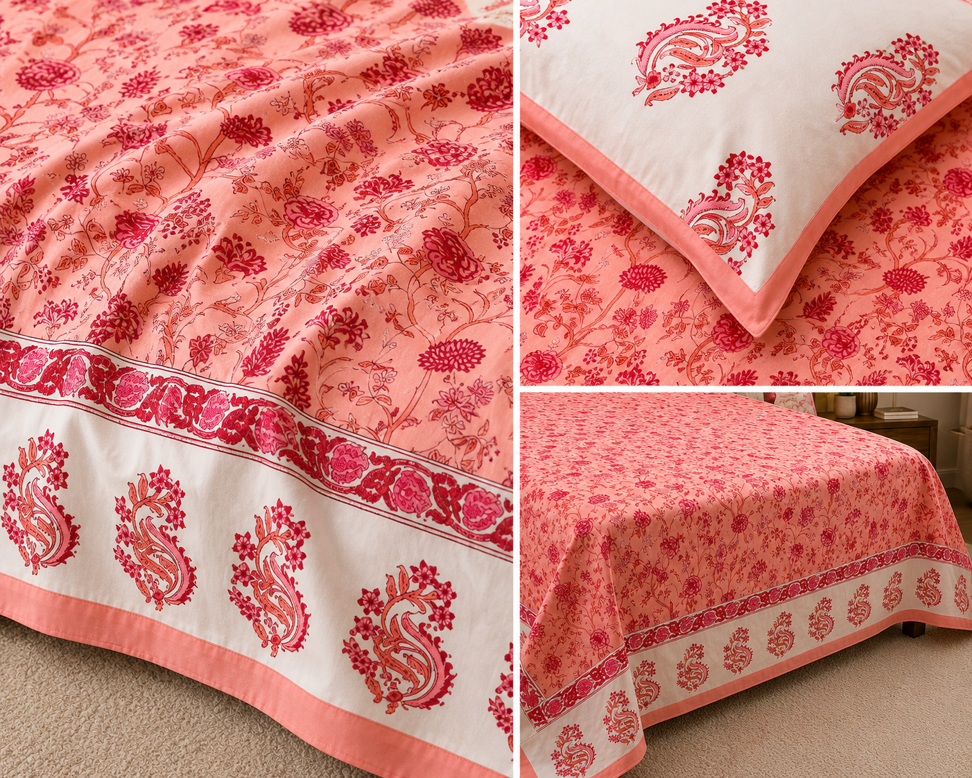 Paramphera Studio Pink Floral Paisley Cotton King Size Bedsheet with 2 Pillow Covers | 280 TC | 100 x 108 Inches