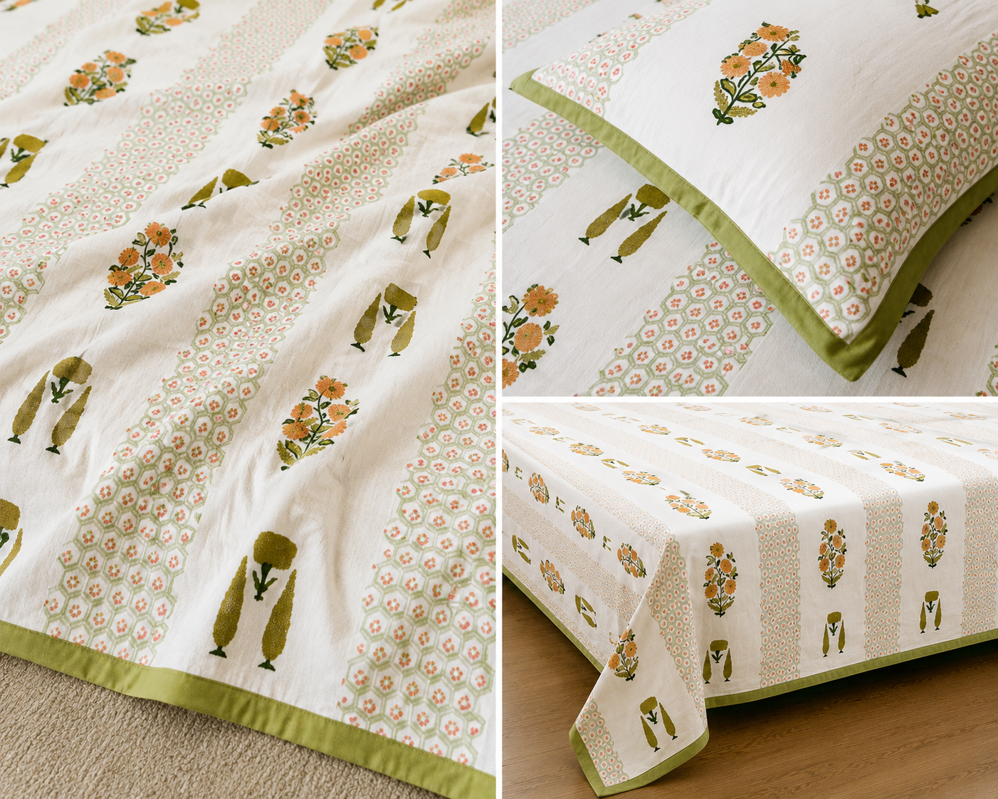Paramphera Studio Olive Green & Orange Floral Cotton King Size Bedsheet with 2 Pillow Covers | 280 TC | 100 x 108 Inches