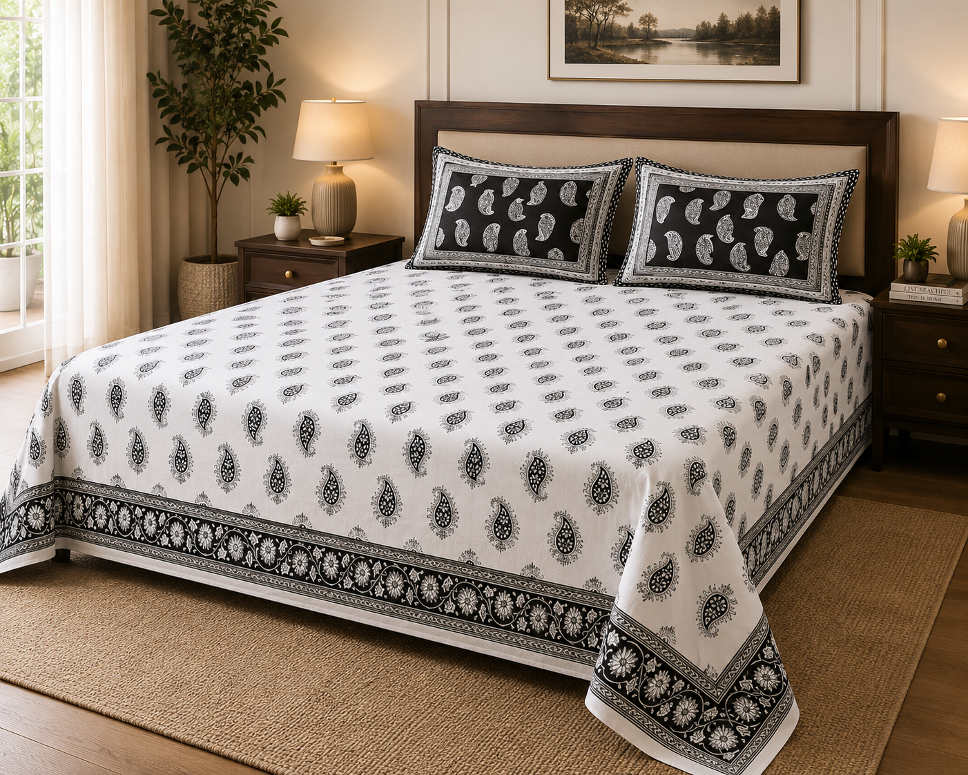 Paramphera Studio Black Paisley Cotton King Size Bedsheet with 2 Pillow Covers | 280 TC | 100 x 108 Inches