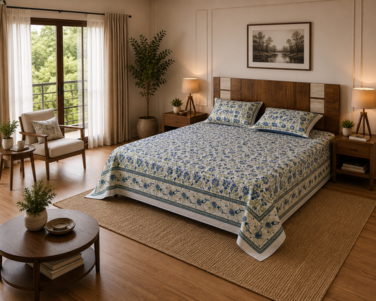 Paramphera Studio Blue Floral Cotton King Size Bedsheet with 2 Pillow Covers | 280 TC | 100 x 108 Inches