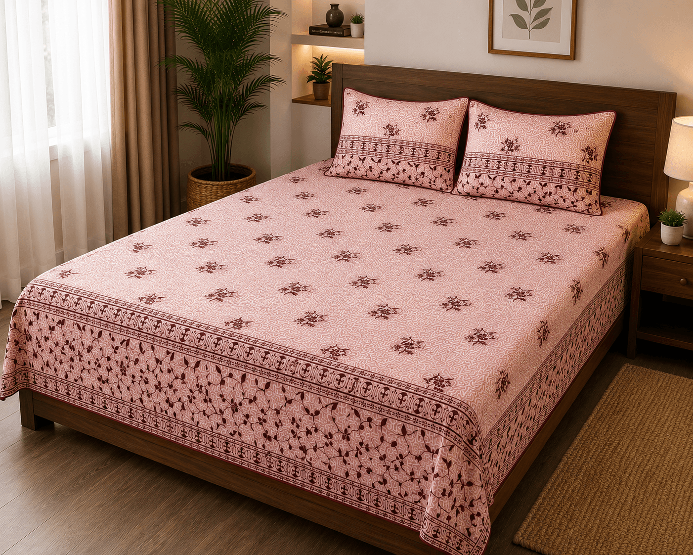 Butter Fly Pink 200 TC Cotton King Size Floral Printed Bedsheet