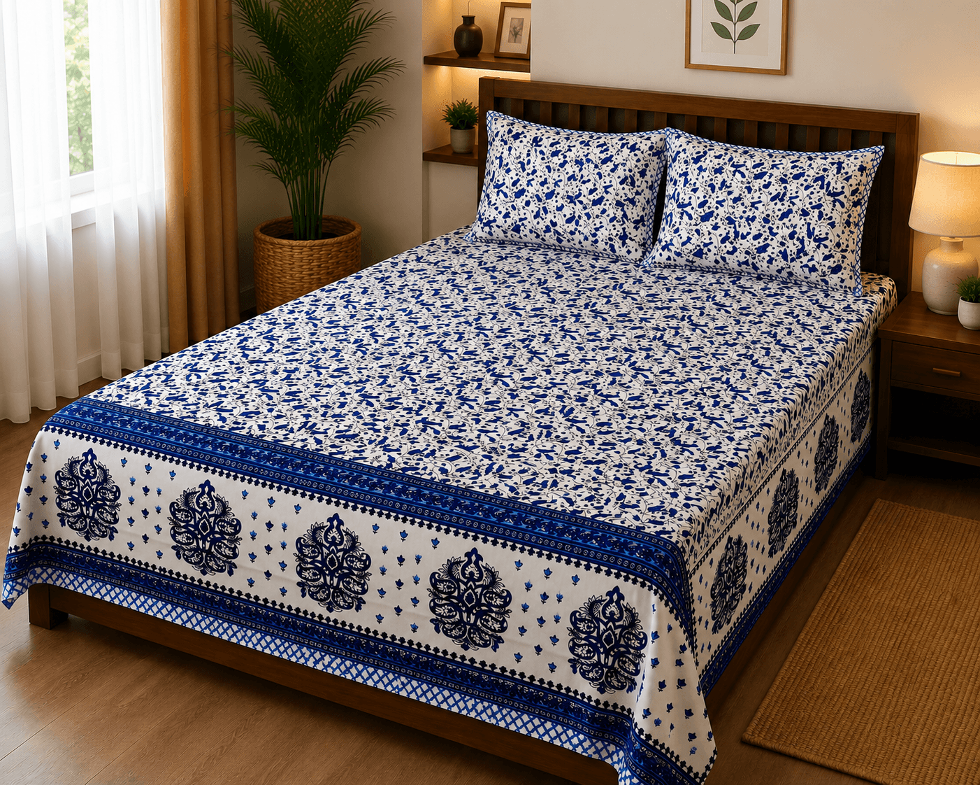 Pink City Royal Blue 100% Cotton King Size Floral Printed Bedsheet