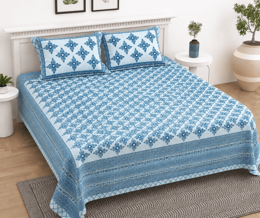 Gulmohar Blue 100% Cotton King Size Floral Printed Bedsheet