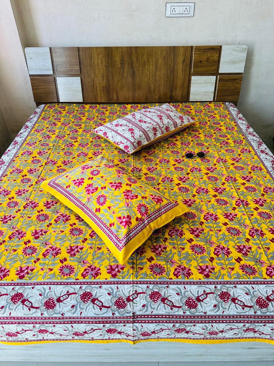 Paramphera Studio Yellow Floral Paisley Cotton King Size Bedsheet with 2 Pillow Covers | 280 TC | 100 x 108 Inches
