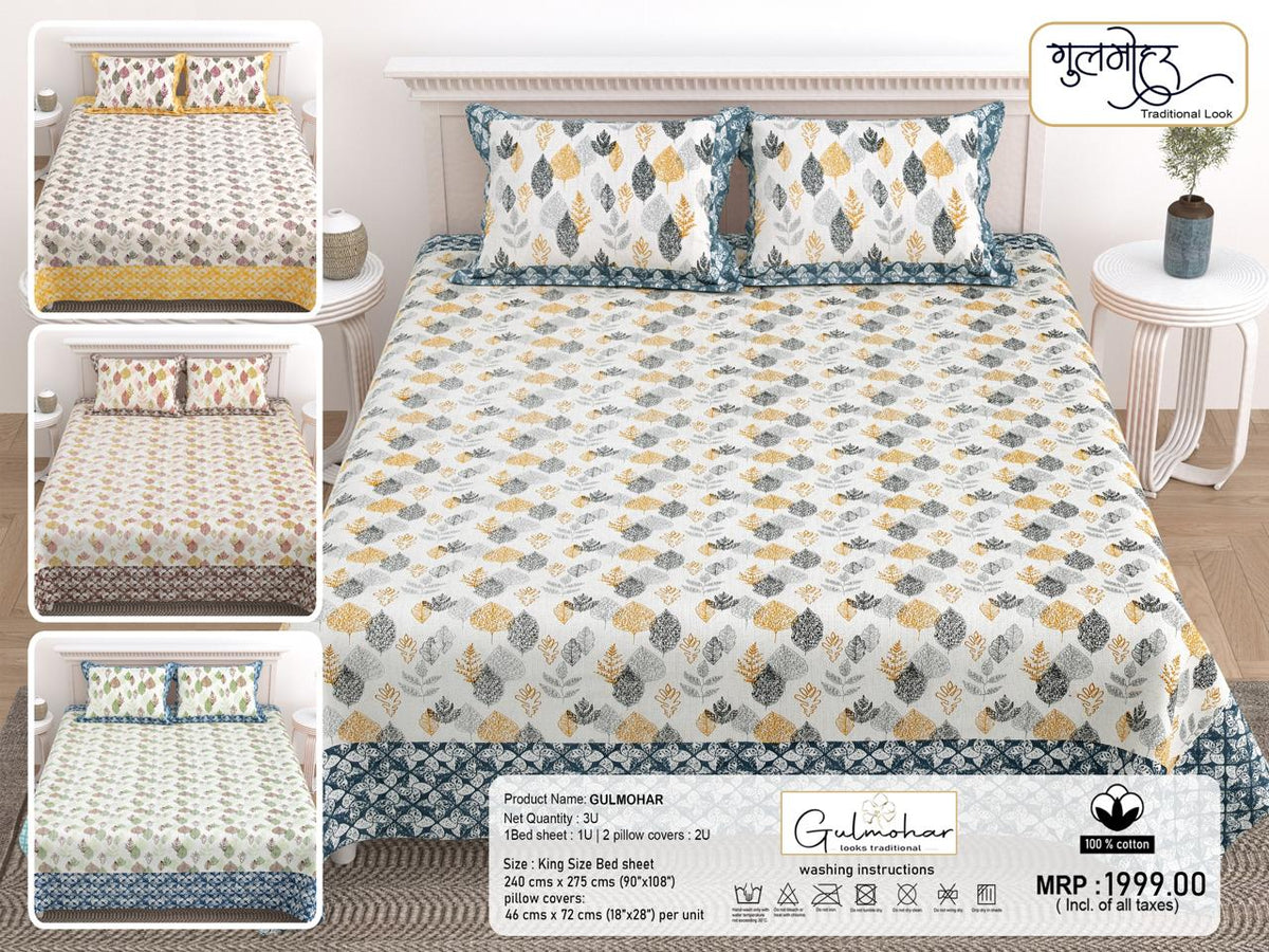 Paramphera Studio Leaf Print 100% Cotton Bedsheet Set – King Size