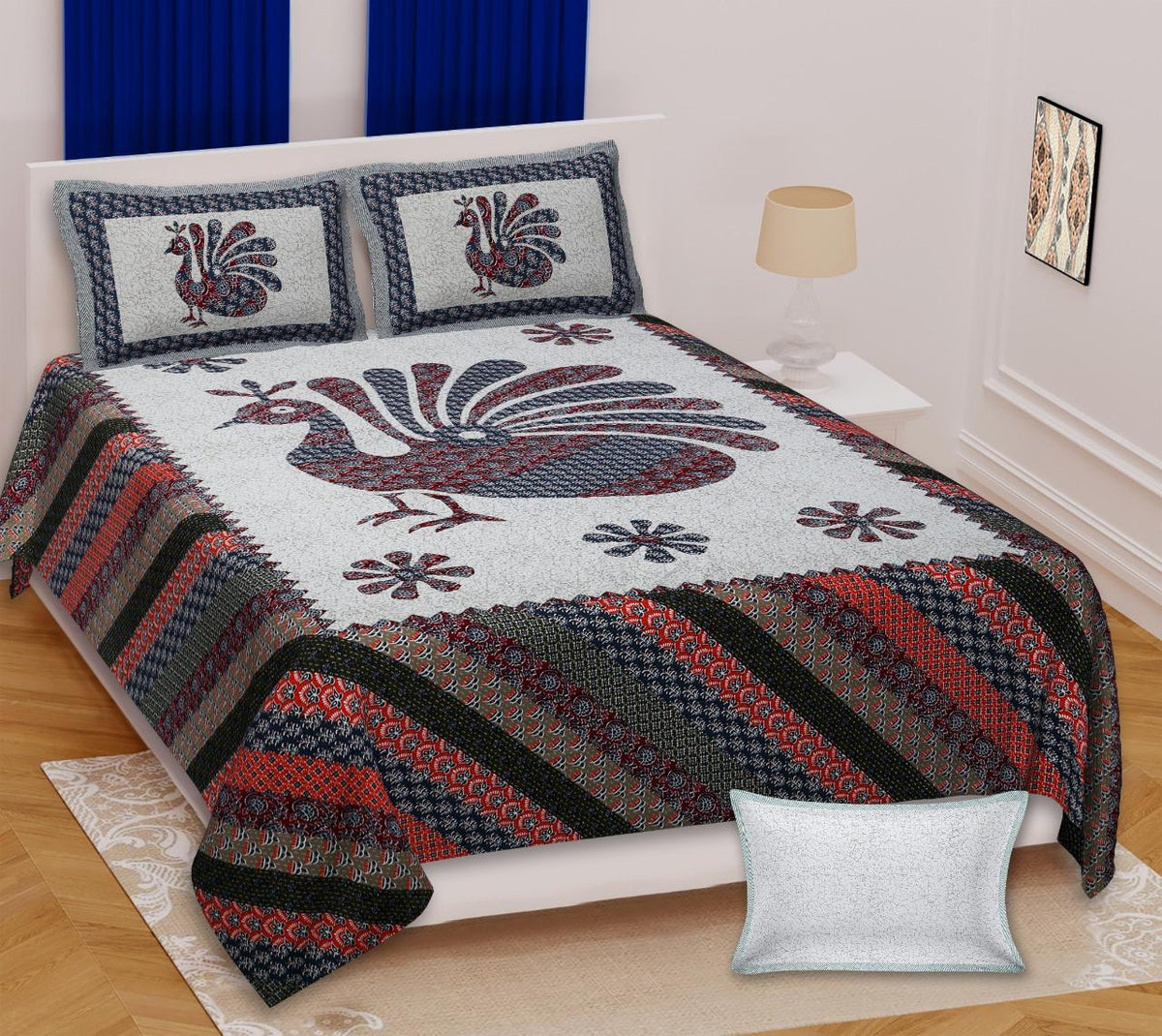 Paramphera Studio 100% Pure Cotton Peacock Printed Bedsheet | King Size | 280 TC | 1 Bedsheet + 2 Pillow Covers