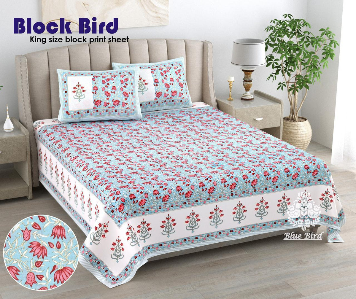 Blue Floral Block Print King Size Bedsheet with 2 Pillow Covers | Paramphera