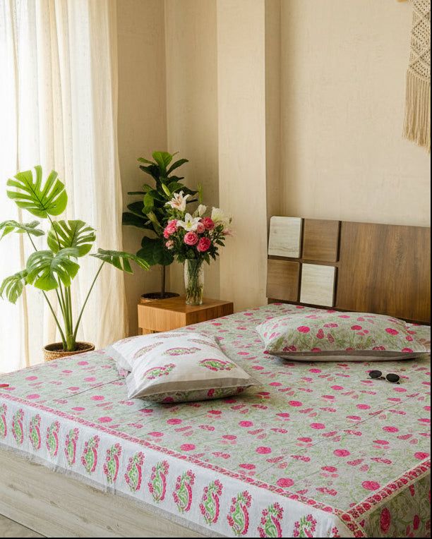 Pink Floral King Size Bedsheet with 2 Pillow Covers | Paramphera Studio