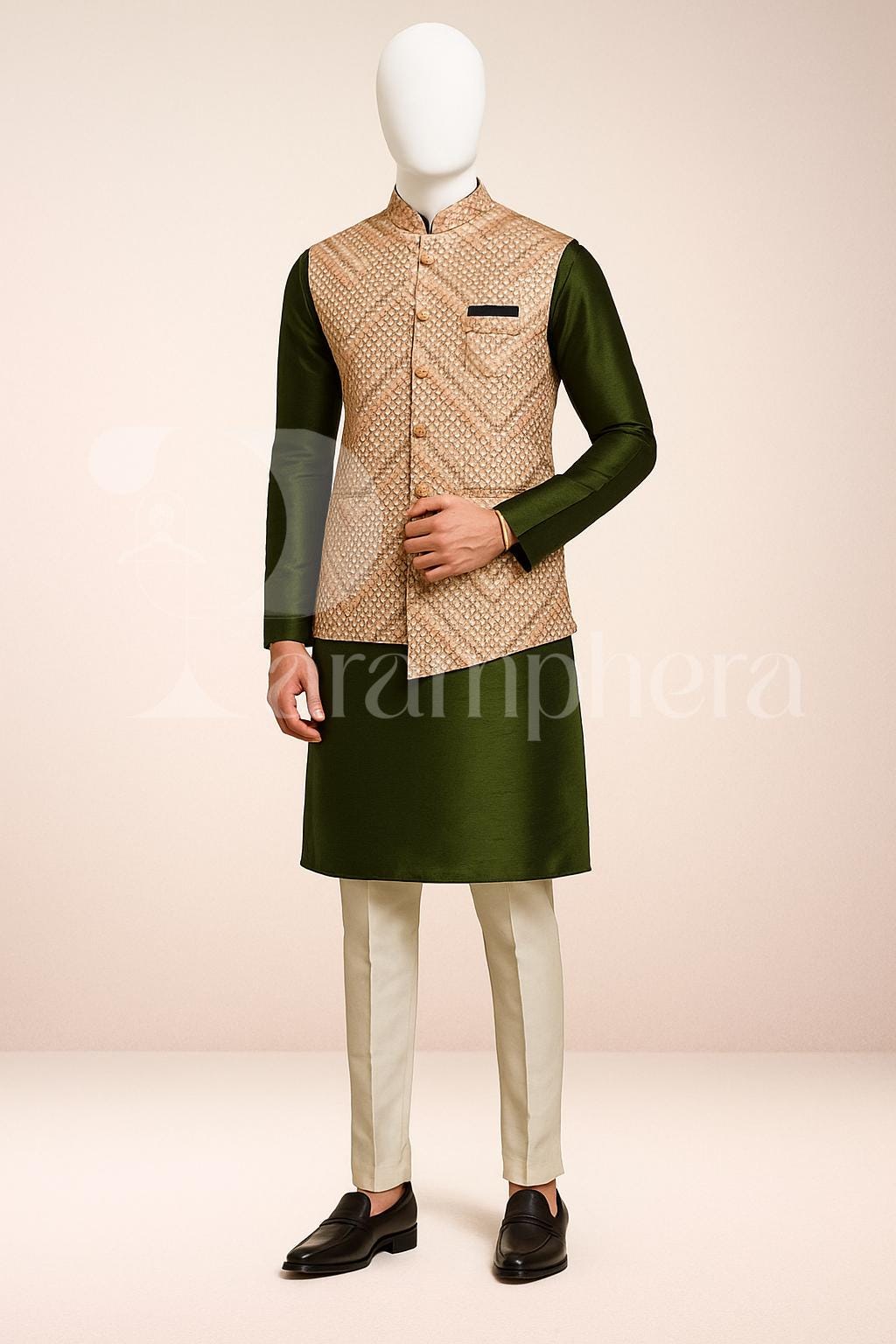 Men's Green Kurta Set with Beige Brocade Nehru Jacket | Indian Wedding Outfit | Ethnic Partywear | Groom Sherwani Set | Handmade Gift