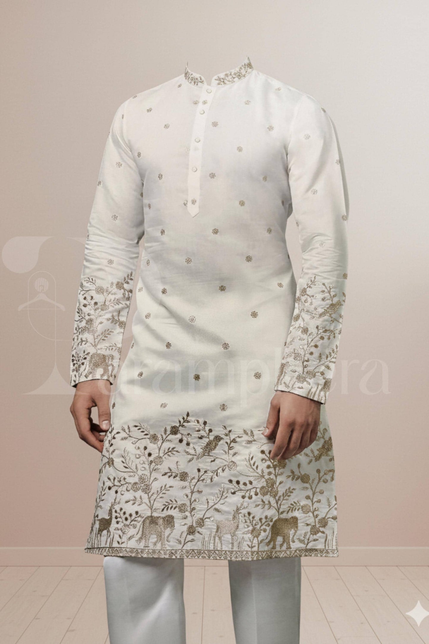 Ivory Embroidered Men's Kurta: Luxury Cotton-Silk Blend Wedding Outfit
