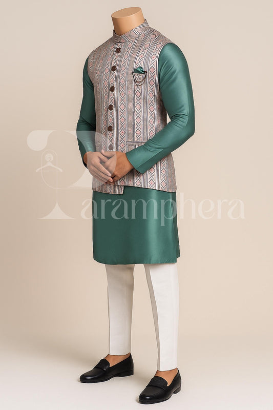 Mint Green Silk Kurta Pajama Set with Brocade Nehru Jacket: Indian Wedding Outfit