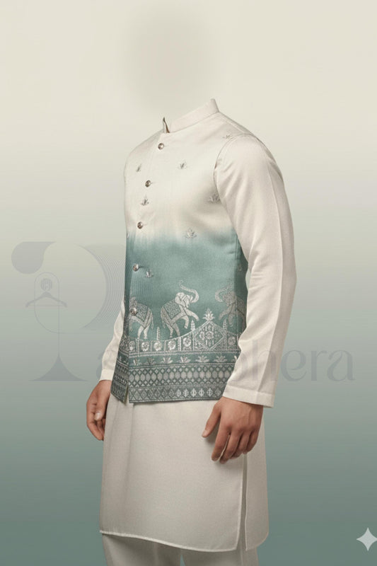 Off White Kurta Pajama with Elephant Embroidered Nehru Jacket | Indian Wedding Outfit