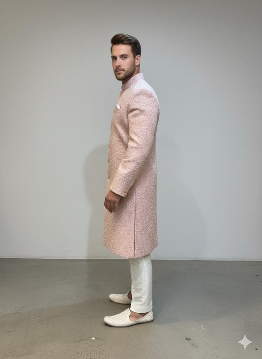 Pastel Pink Sherwani for Groom Handmade Embroidered Indo-Western Wedding Outfit | Custom Fit, Made-to-Order