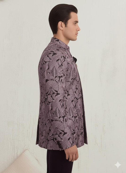 Men’s Lavender Floral Bandhgala Jacket | Silk Blend Jacquard Jodhpuri Wedding Coat.