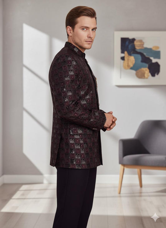 Men’s Jodhpuri Bandhgala Coat | Maroon & Black Jacquard Wedding Jacket | Groom Sherwani Style.