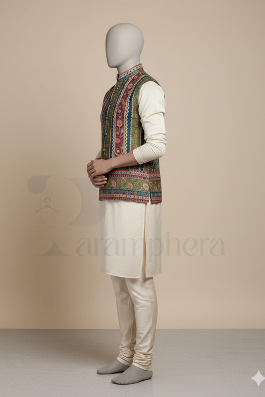 Men’s Kurta Pajama with Embroidered Nehru Waistcoat | Indo Western Wedding Outfit