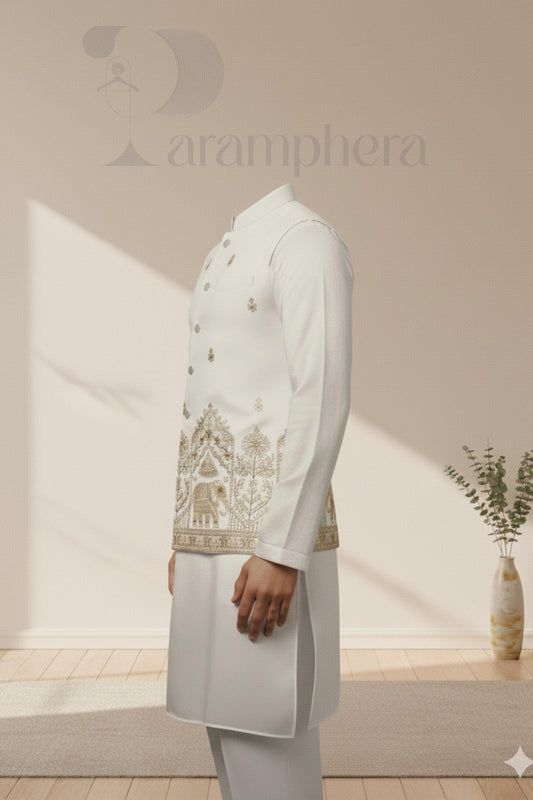 Embroidered Ivory Nehru Jacket Kurta Set | Indian Wedding Outfit