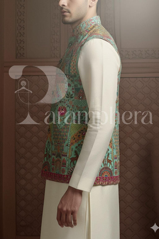 Pastel Printed Nehru Jacket: Bespoke Indian Wedding Waistcoat