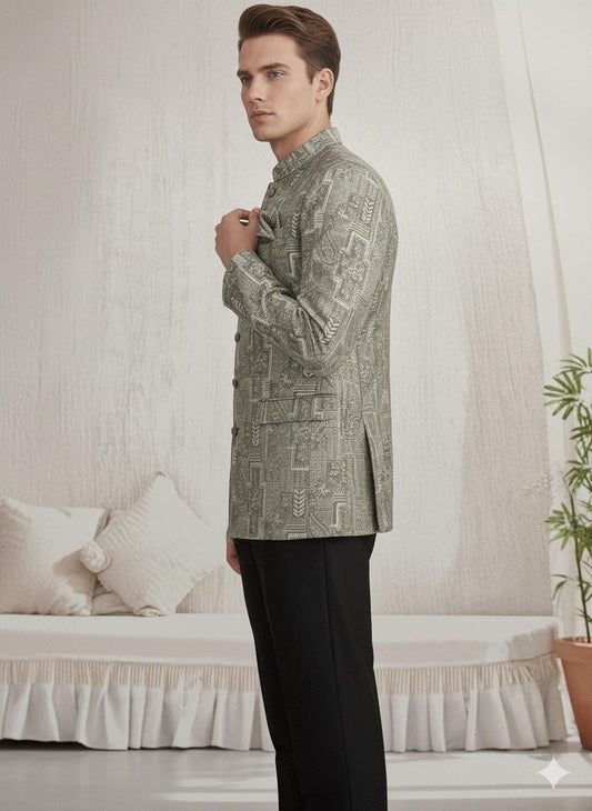 Men’s Grey Jacquard Bandhgala Coat | Silk Blend Nehru Collar Jacket | Indian Wedding Groom Outfit
