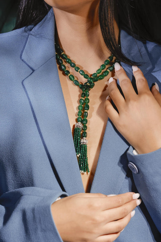 Handmade Emerald Green Beaded Tassel Necklace | Western Y Necklace