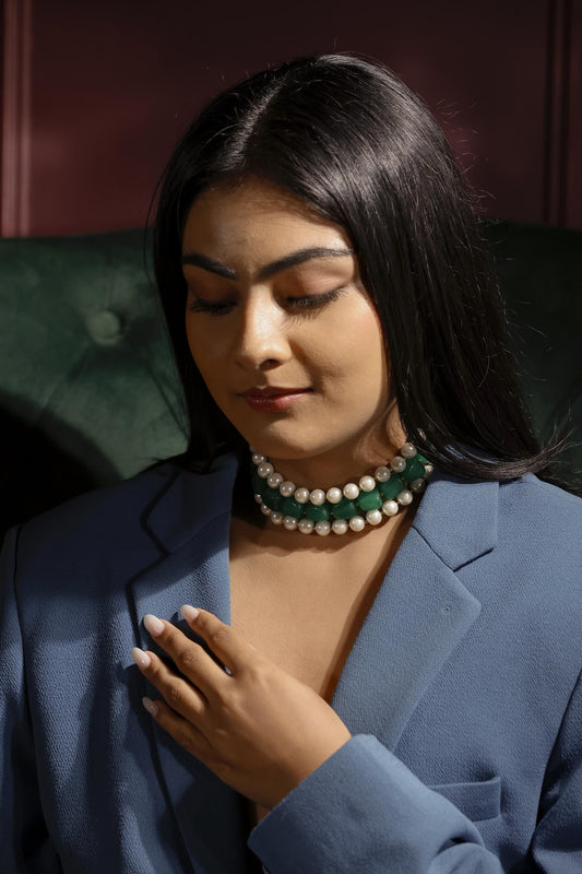 Emerald Green Stone & Pearl Choker | Handcrafted Layered Necklace