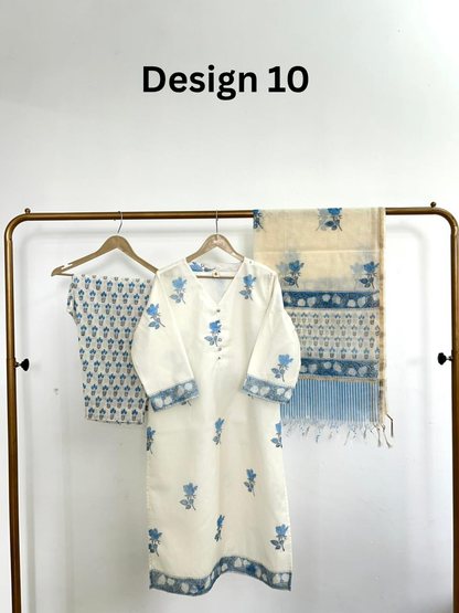 Women's Cotton Kurta Set with Dupatta | Blue Block Print Lounge Outfit (Design 5)