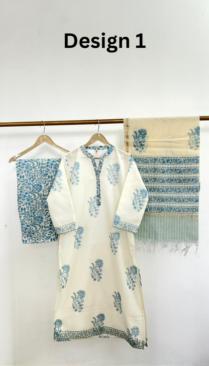 Women's Cotton Kurta Set with Dupatta | Blue Block Print Lounge Outfit (Design 5)