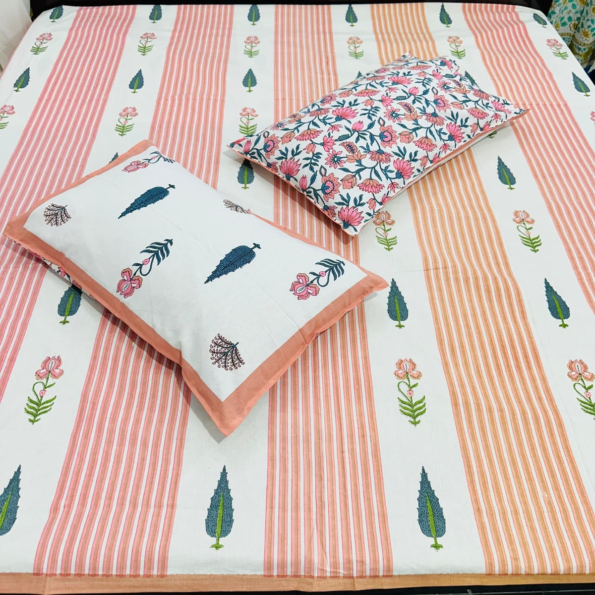 Paramphera Studio 280 TC Pure Cotton King Size Bedsheet with 2 Pillow Covers | Orange Striped Floral Cotton Bed Sheet | 108 x 108 Inches