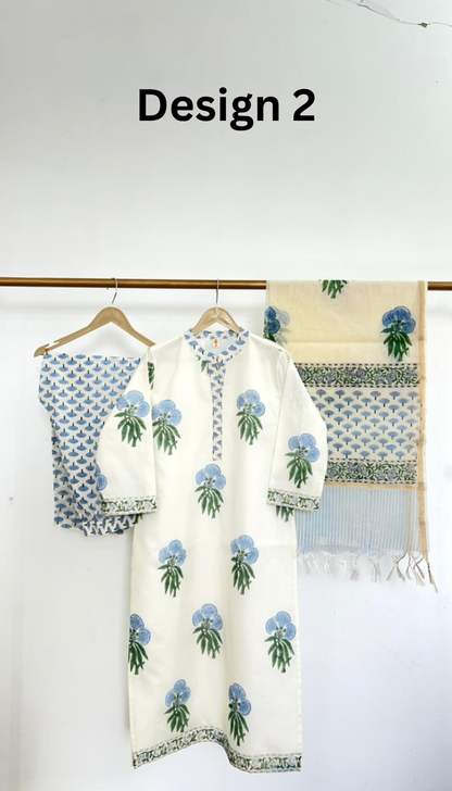 Design 1 Cotton Hand Block Print Kurta Set with Dupatta | Summer Boho Tunic Outfit