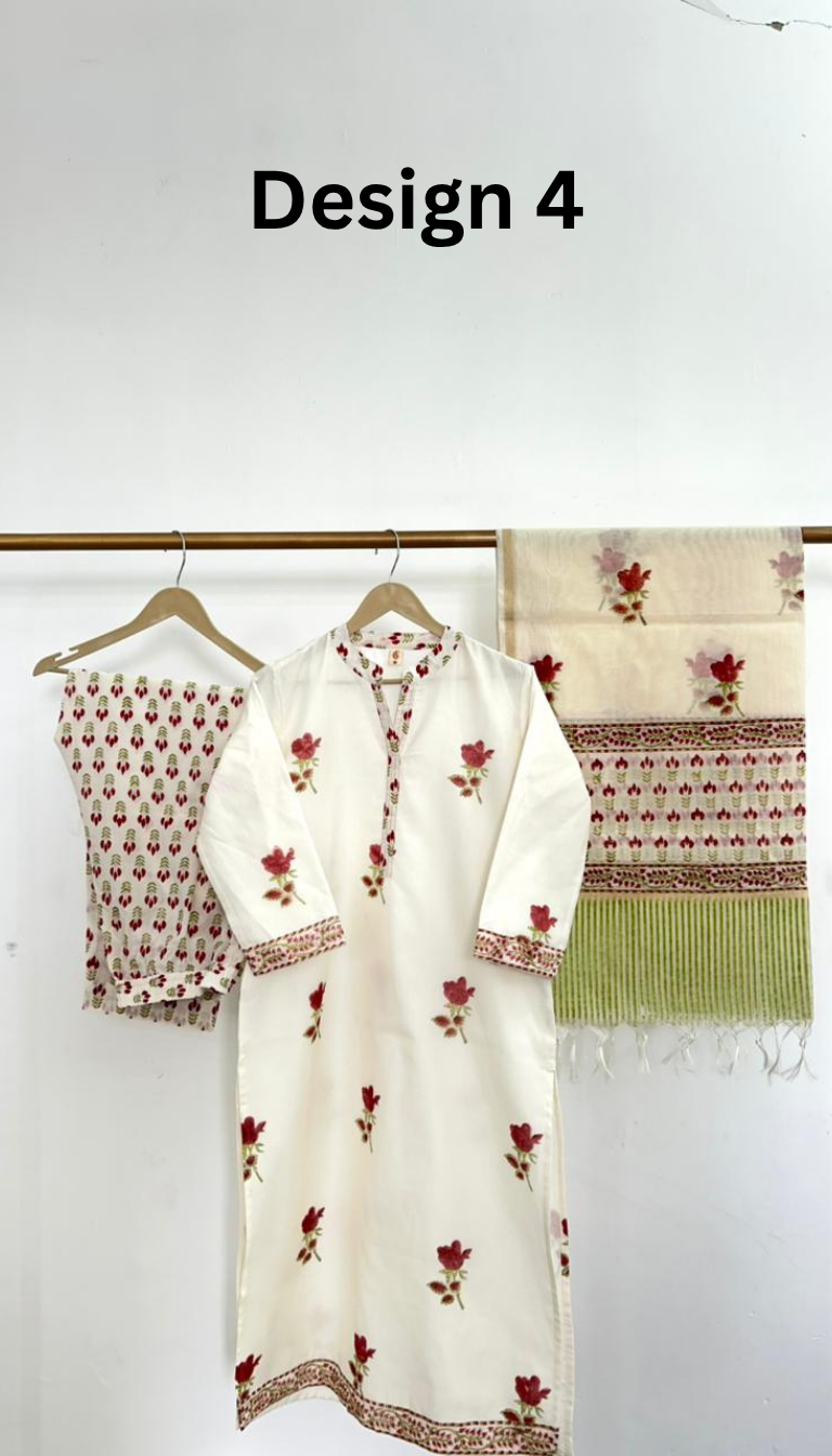 Women's Cotton Kurta Set with Dupatta | Blue Block Print Lounge Outfit (Design 5)