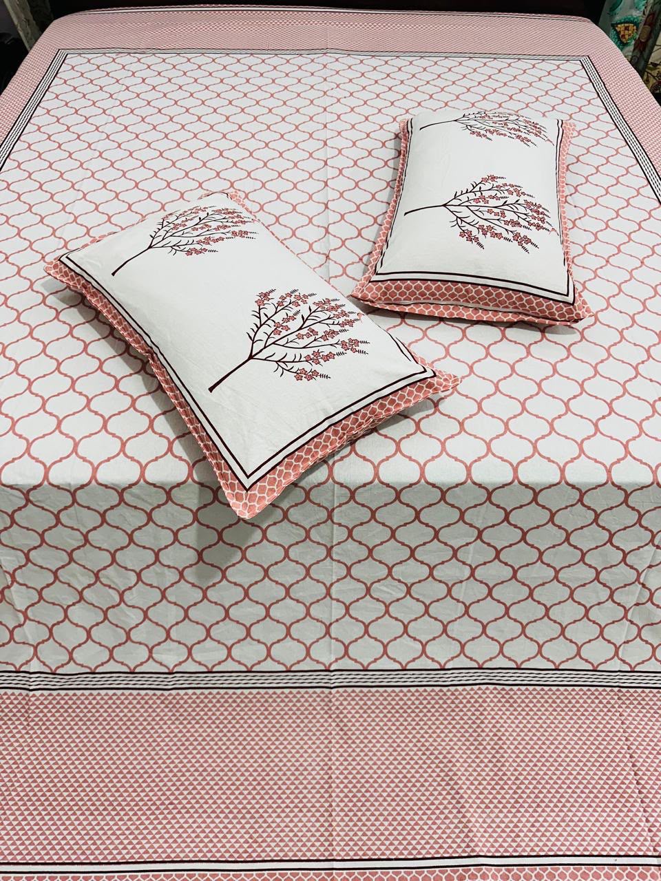 Paramphera Collection Premium 100% Cotton King Size Bedsheet with 2 Pillow Covers | White & Coral Pink Floral Print | Soft, Breathable & Skin Friendly | 100 x 108 Inches