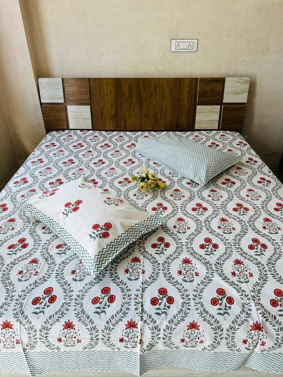 Paramphera Collection Premium 100% Cotton King Size Bedsheet with 2 Pillow Covers | White, Grey & Red Floral Jaipuri Print | Soft, Breathable & Skin-Friendly | 108 x 108 Inches
