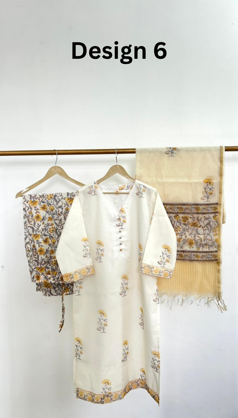 Women's Cotton Kurta Set with Dupatta | Blue Block Print Lounge Outfit (Design 5)