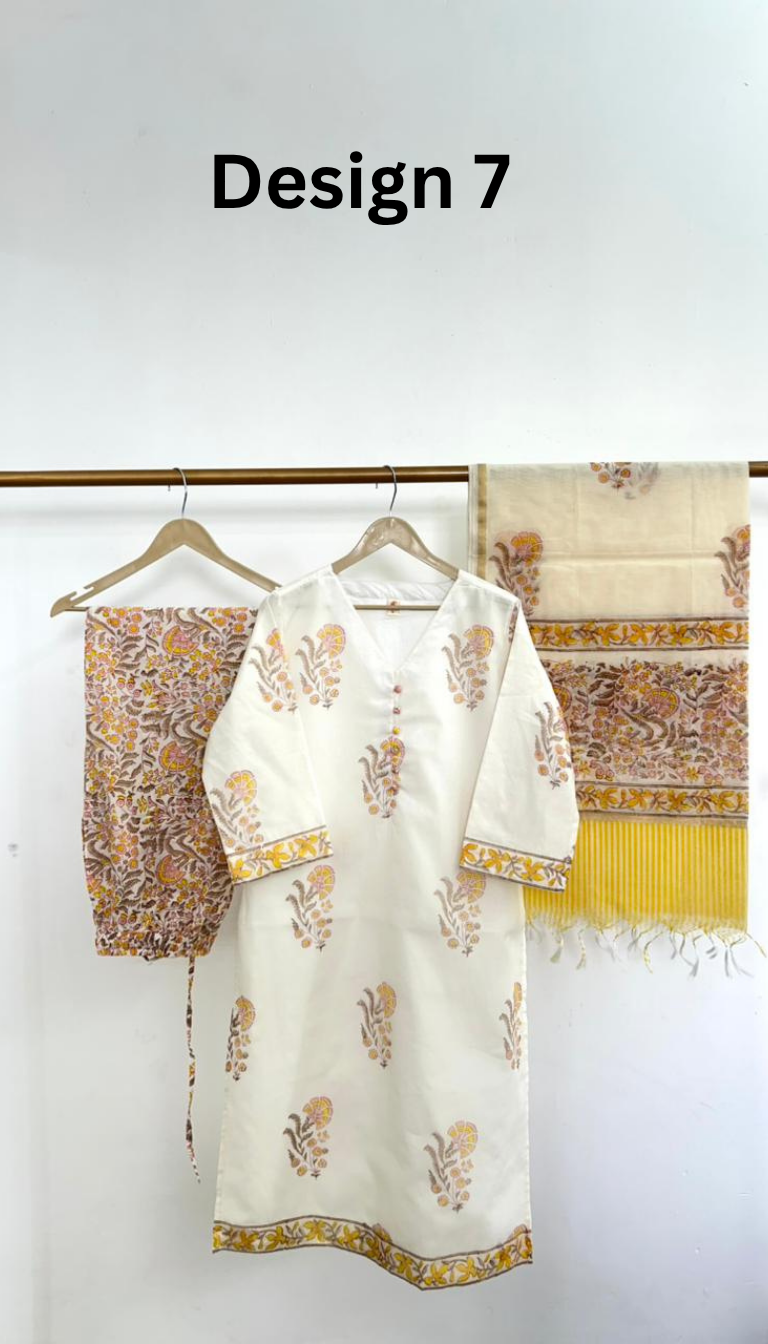 Yellow Floral Block Print Cotton Kurta Set with Dupatta | Summer Lounge Outfit (Design 6)
