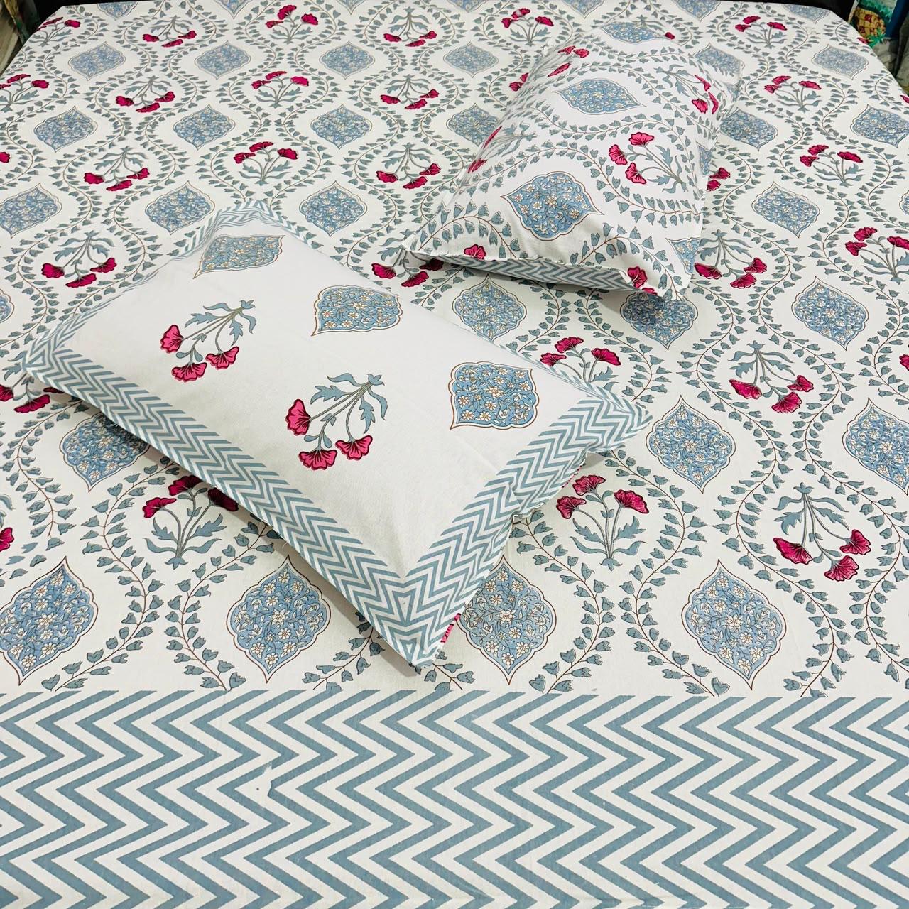 Paramphera Studio Blue & Pink Floral Cotton King Size Bedsheet with 2 Pillow Covers | 280 TC | 108 x 108 Inches