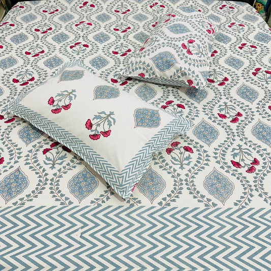 Paramphera Studio Blue & Pink Floral Cotton King Size Bedsheet with 2 Pillow Covers | 280 TC | 108 x 108 Inches