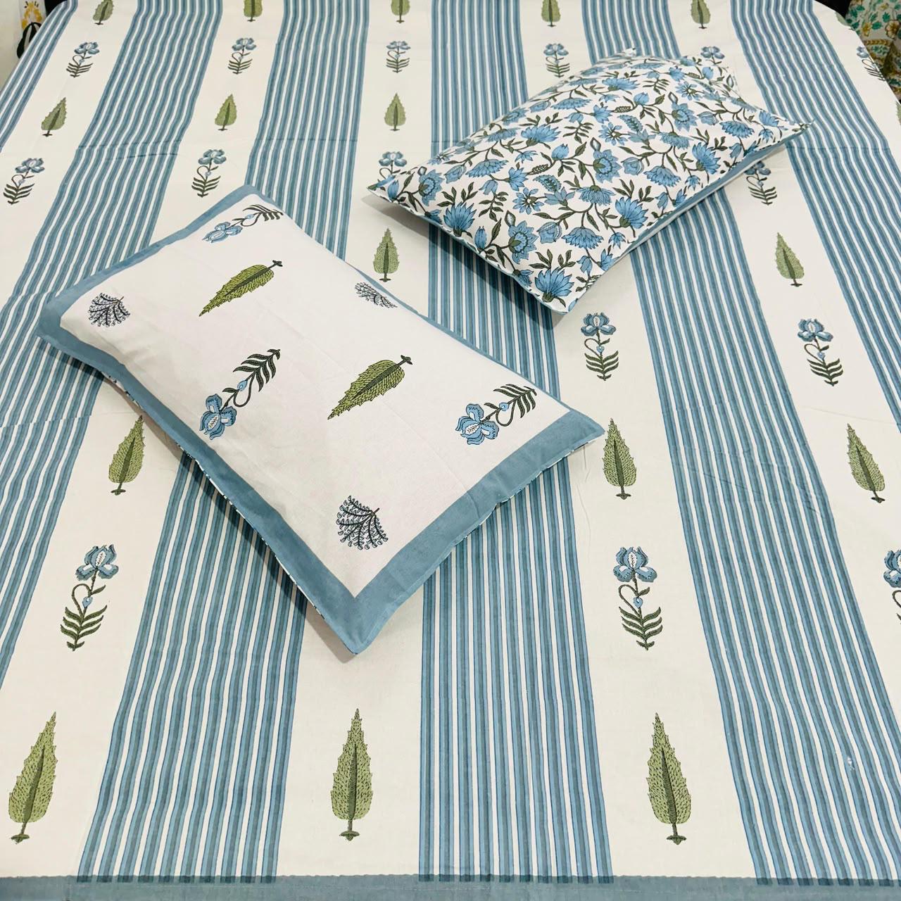 Paramphera Studio 280 TC Pure Cotton King Size Bedsheet with 2 Pillow Covers | Blue Striped Floral Cotton Bed Sheet | 108 x 108 Inches