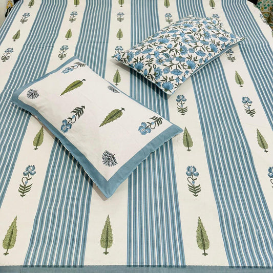 Paramphera Studio 280 TC Pure Cotton King Size Bedsheet with 2 Pillow Covers | Blue Striped Floral Cotton Bed Sheet | 108 x 108 Inches