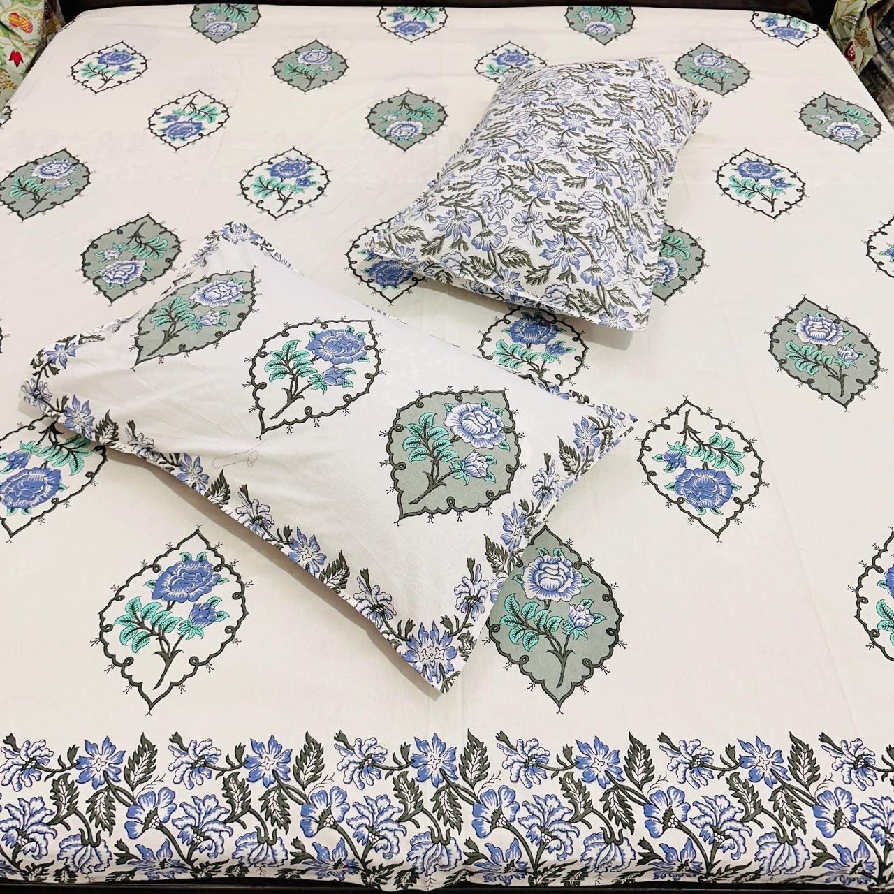 Paramphera Studio 280 TC Pure Cotton King Size Bedsheet with 2 Pillow Covers | Blue Floral Block Print Cotton Bed Sheet | 108 x 108 Inches