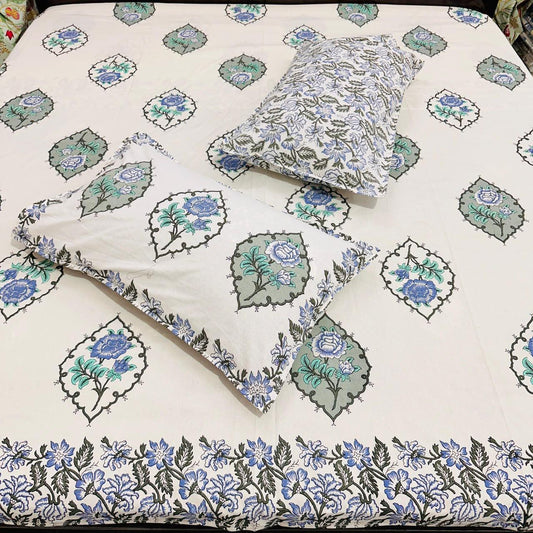 Paramphera Studio 280 TC Pure Cotton King Size Bedsheet with 2 Pillow Covers | Blue Floral Block Print Cotton Bed Sheet | 108 x 108 Inches