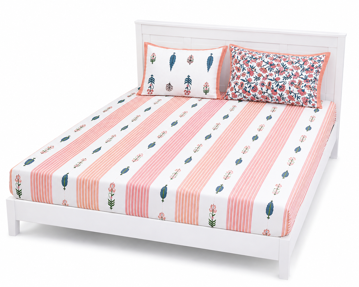 Paramphera Studio 280 TC Pure Cotton King Size Bedsheet with 2 Pillow Covers | Orange Striped Floral Cotton Bed Sheet | 108 x 108 Inches
