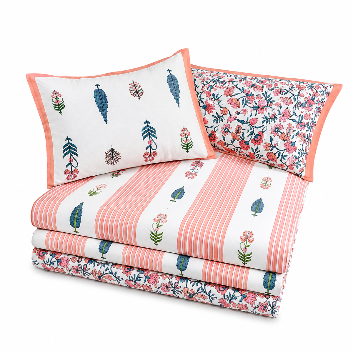 Paramphera Studio 280 TC Pure Cotton King Size Bedsheet with 2 Pillow Covers | Orange Striped Floral Cotton Bed Sheet | 108 x 108 Inches