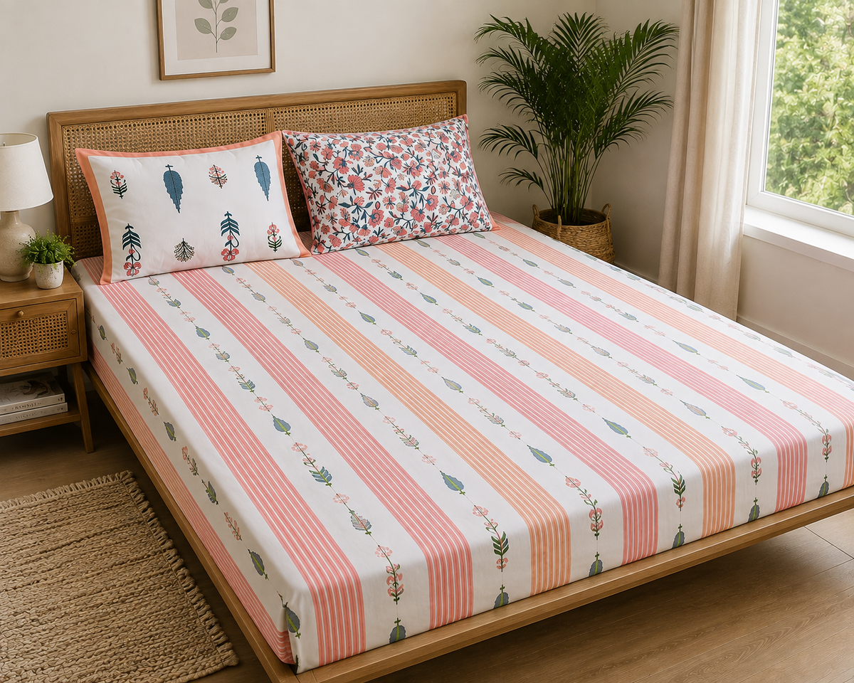 Paramphera Studio 280 TC Pure Cotton King Size Bedsheet with 2 Pillow Covers | Orange Striped Floral Cotton Bed Sheet | 108 x 108 Inches