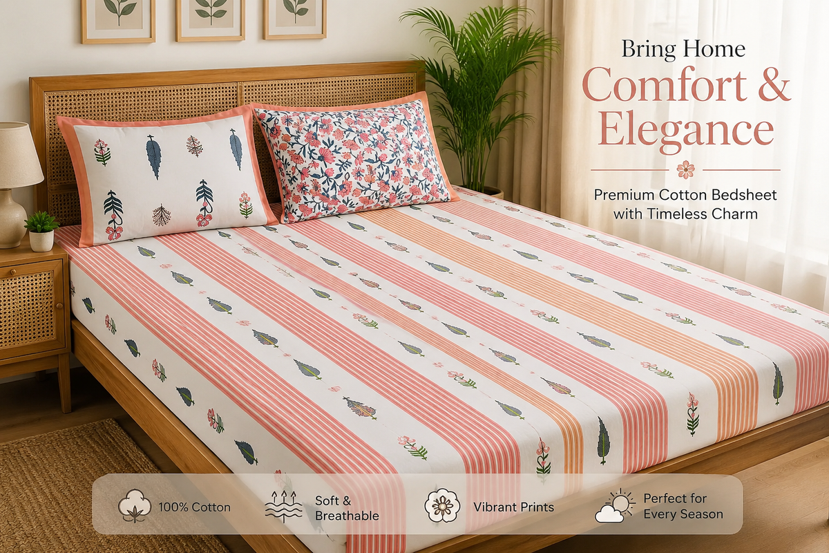 Paramphera Studio 280 TC Pure Cotton King Size Bedsheet with 2 Pillow Covers | Orange Striped Floral Cotton Bed Sheet | 108 x 108 Inches