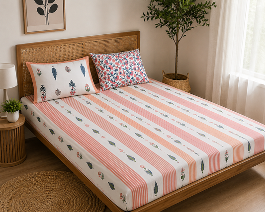 Paramphera Studio 280 TC Pure Cotton King Size Bedsheet with 2 Pillow Covers | Orange Striped Floral Cotton Bed Sheet | 108 x 108 Inches
